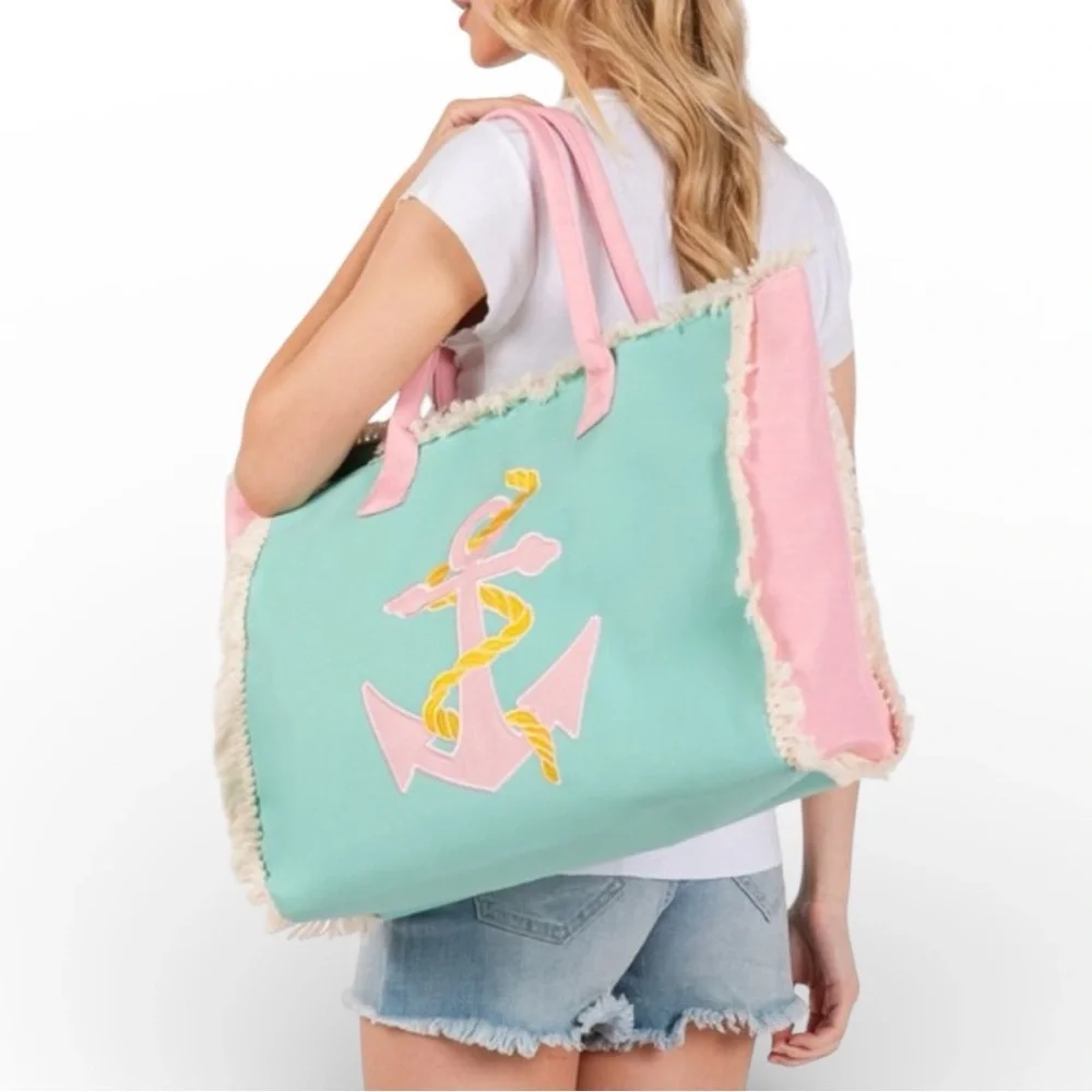 Pastel Anchor Tote Bag Fringe